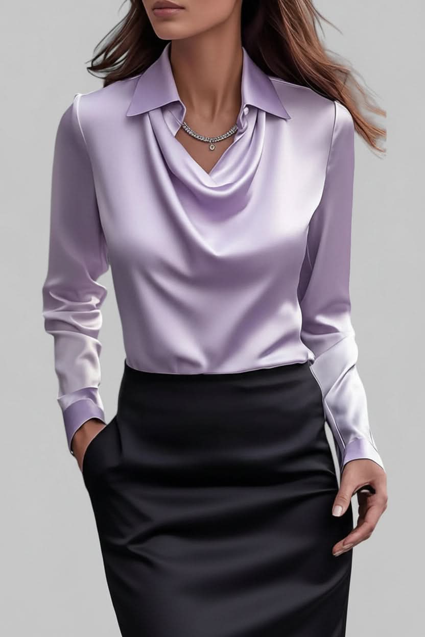 Feminine long-sleeve draped blouse for women, an elegant top suitable for day to night fashion.