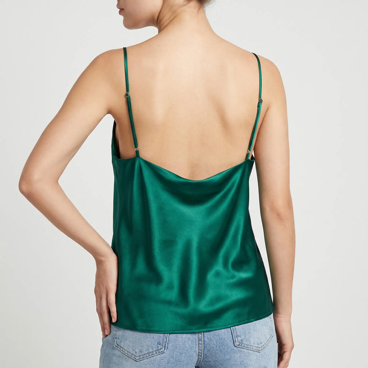 Versatile women's draped camisole top featuring a stylish cowl neck and adjustable spaghetti straps.