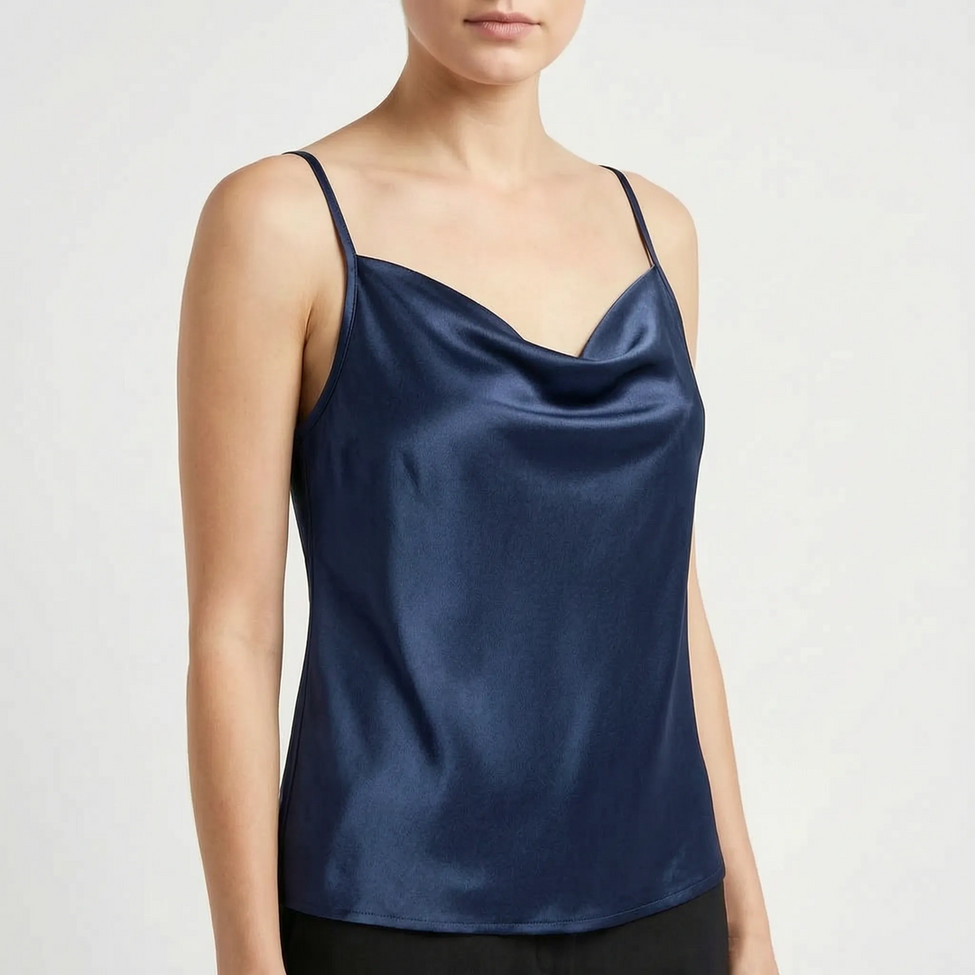 Elegant women's sleeveless camisole top with a beautiful draped cowl neck and relaxed, flattering fit.