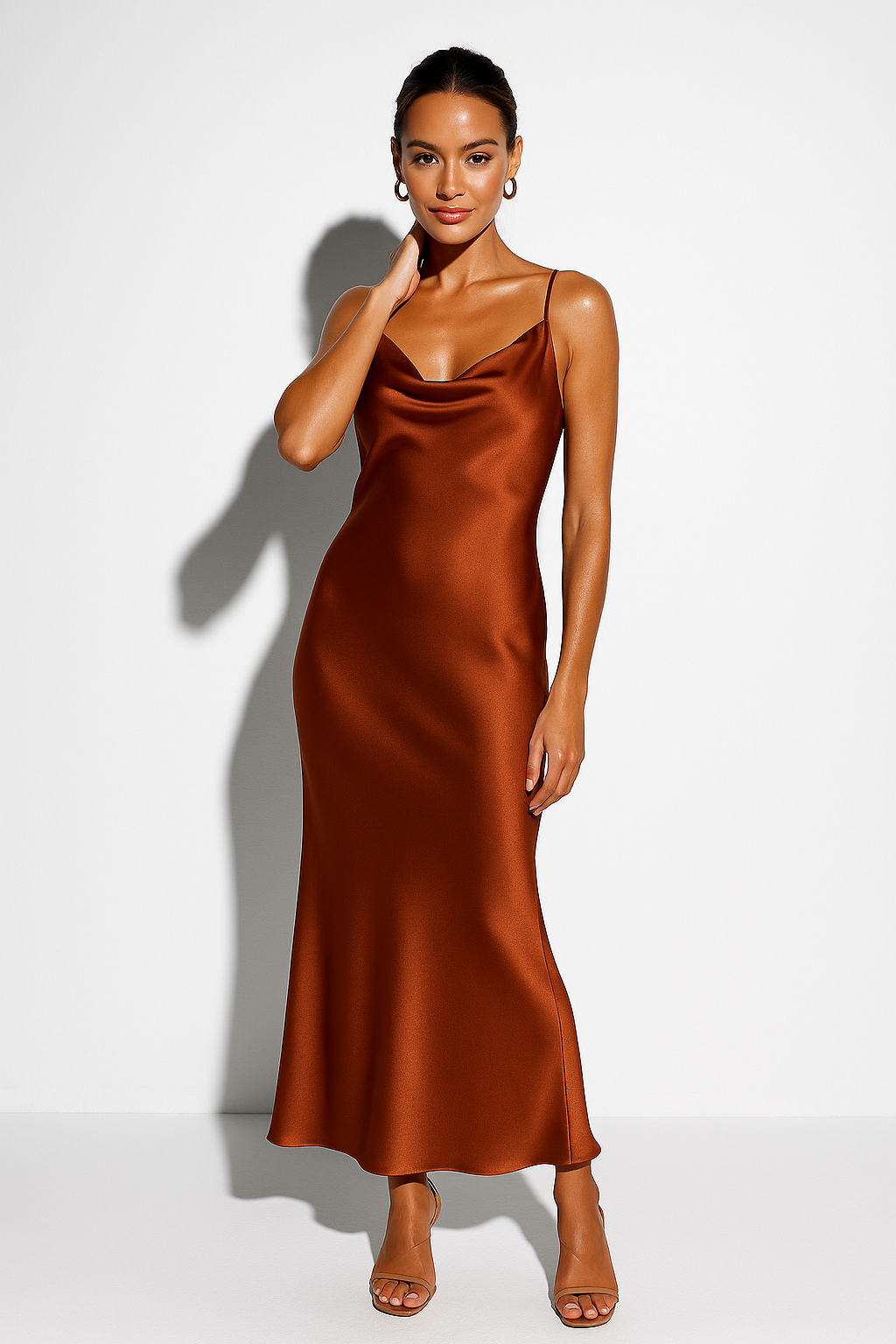 Draped cowl neck midi dress for women, embodying modern elegance. Ideal for formal evening events and cocktail parties.