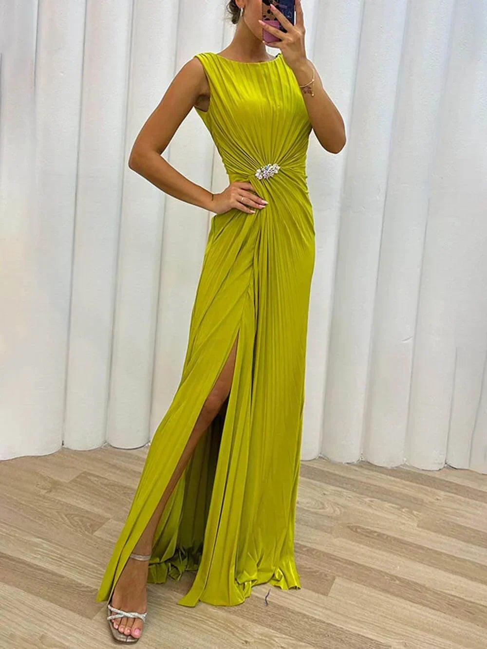 Elegant women's draped maxi wedding guest dress with jeweled waist, perfect for formal events & evening wear.