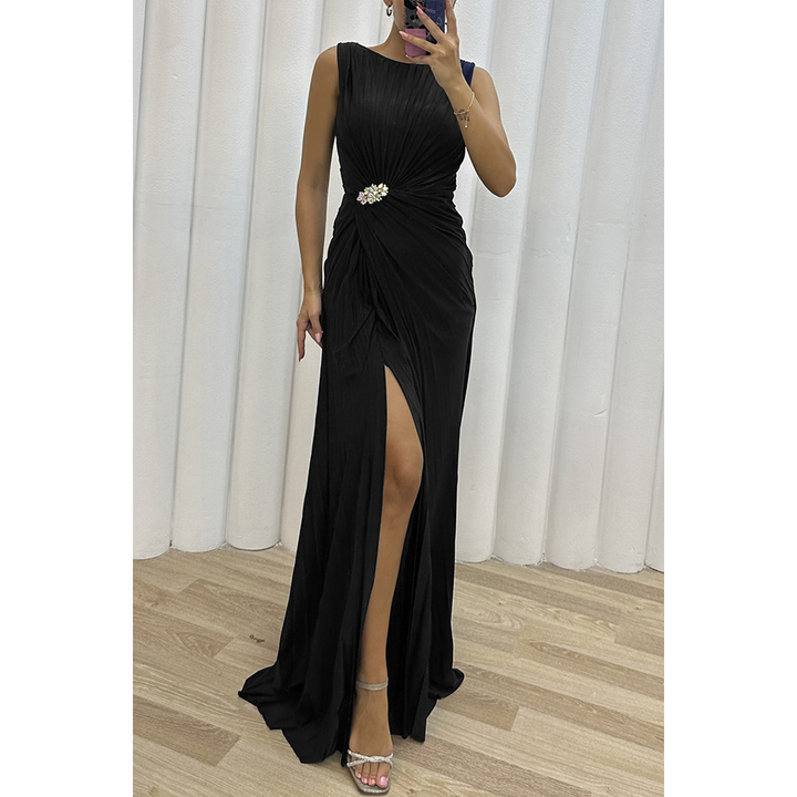 Sophisticated women's elegant maxi dress with draping & jeweled details, a perfect formal gown for special occasions.