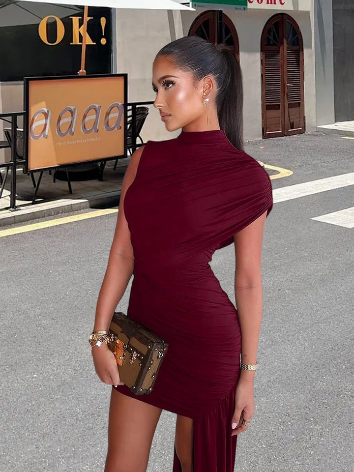 Elegant women's draped mini cocktail dress, perfect for parties, evening wear, and special occasions.