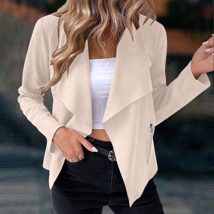 Cropped fit women's jacket featuring a stylish draped design and waterfall lapel for versatile wear.