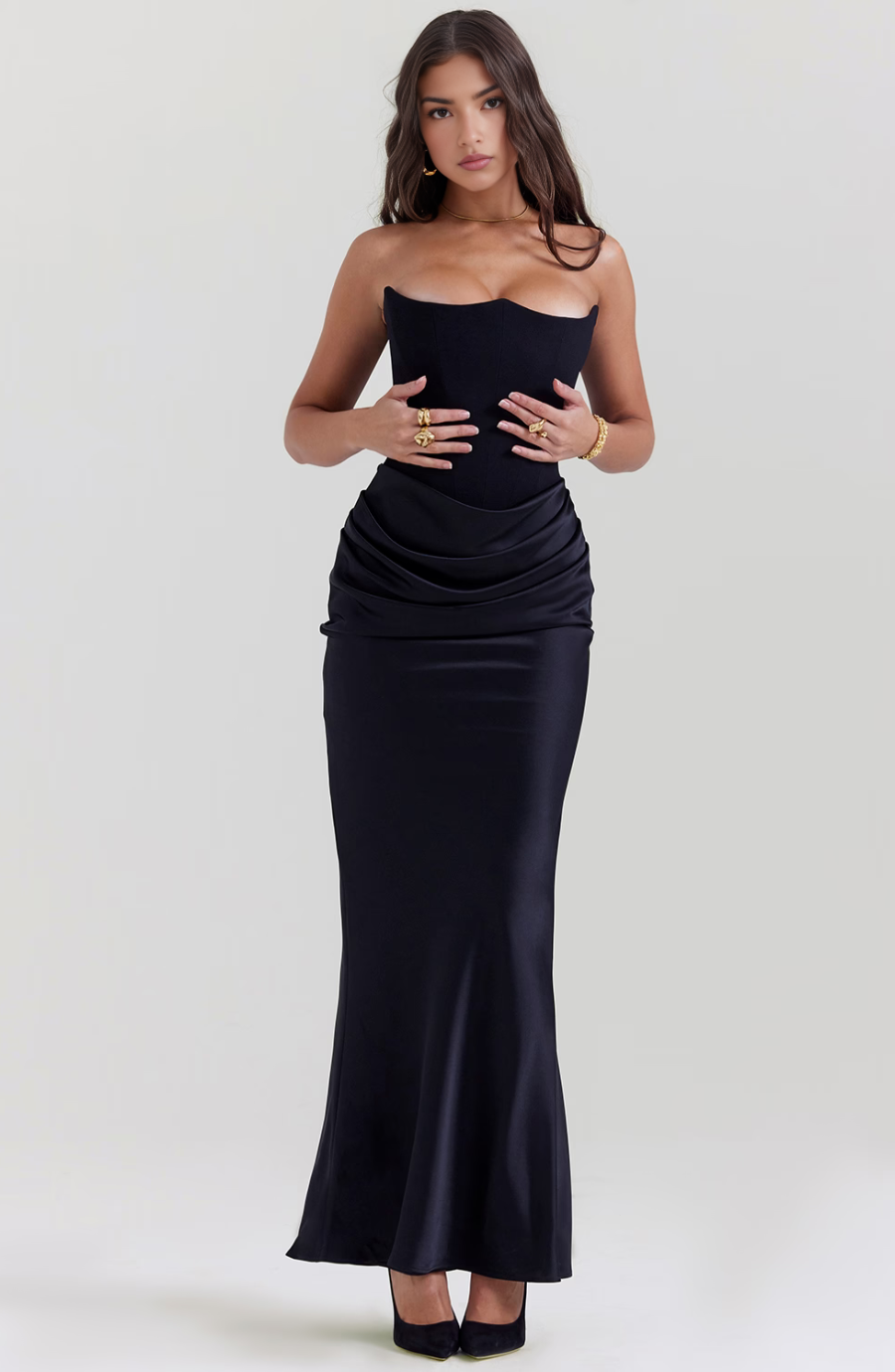 Draped strapless homecoming dress, a sophisticated special occasion outfit.