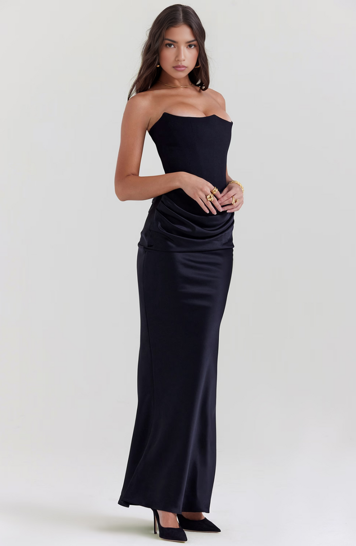 Beautiful draped strapless column gown, ideal for prom night.