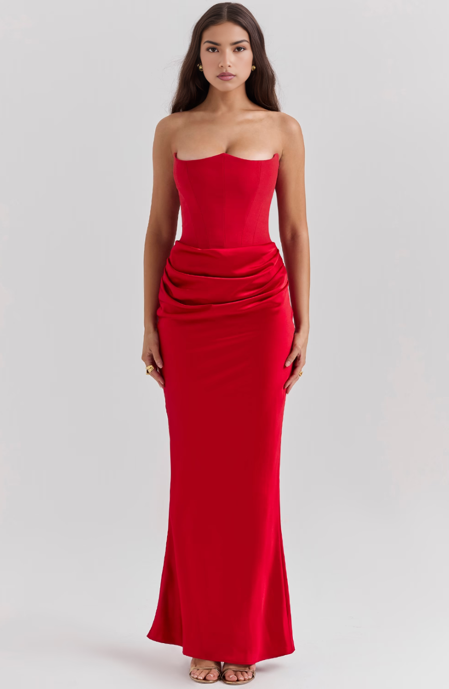 Draped strapless homecoming formal dress, stunning for special events.