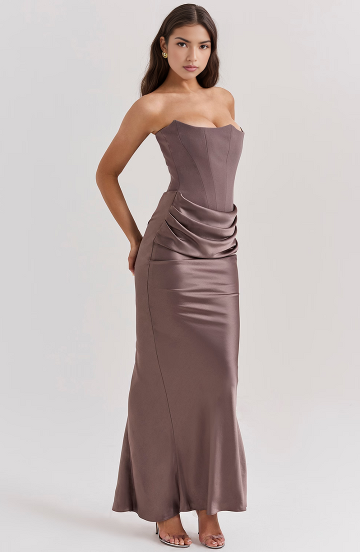 Glamorous women's draped strapless evening dress, perfect for dances.