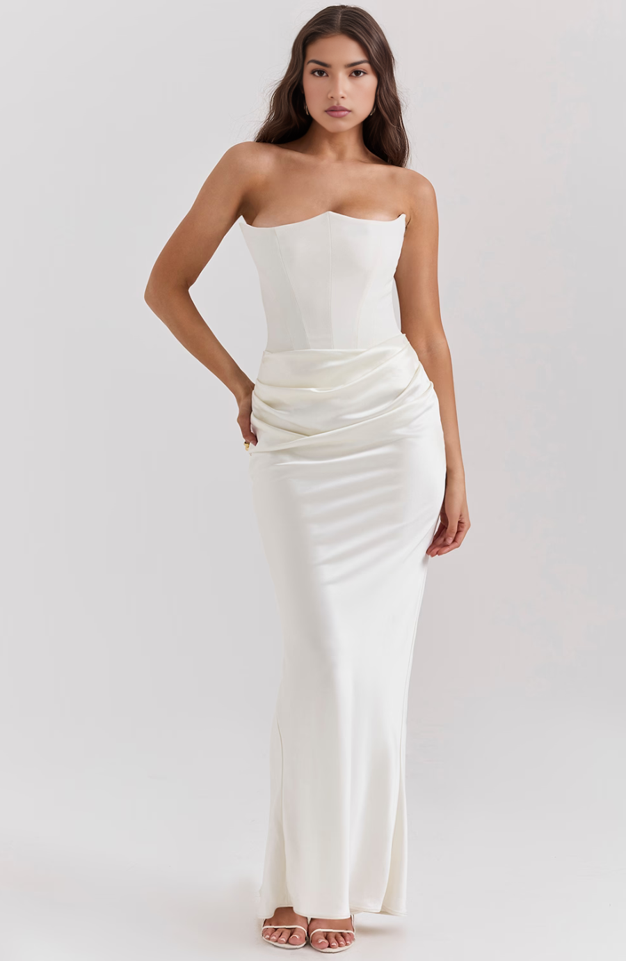 Chic women's strapless column dress, elegant and draped for special events.