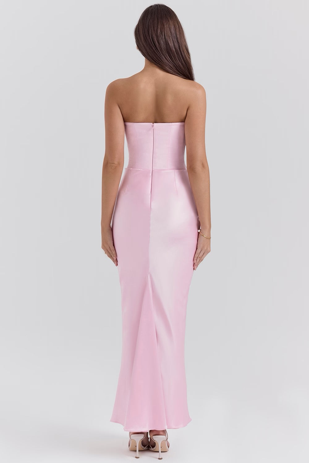 Glamorous draped strapless evening dress for women's formal parties.