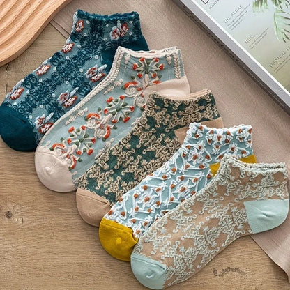 Elegant women's embroidered lace socks. Delicate vintage style, breathable & durable ankle/mid-calf footwear.