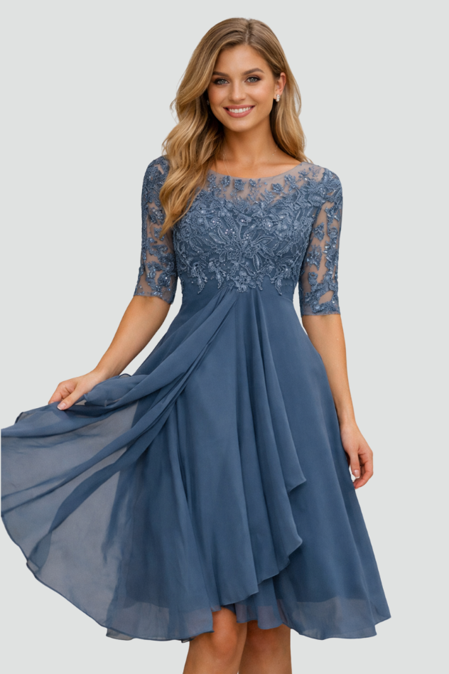 Elegant women's evening midi dress with three-quarter sleeves, perfect for formal parties & special occasions.