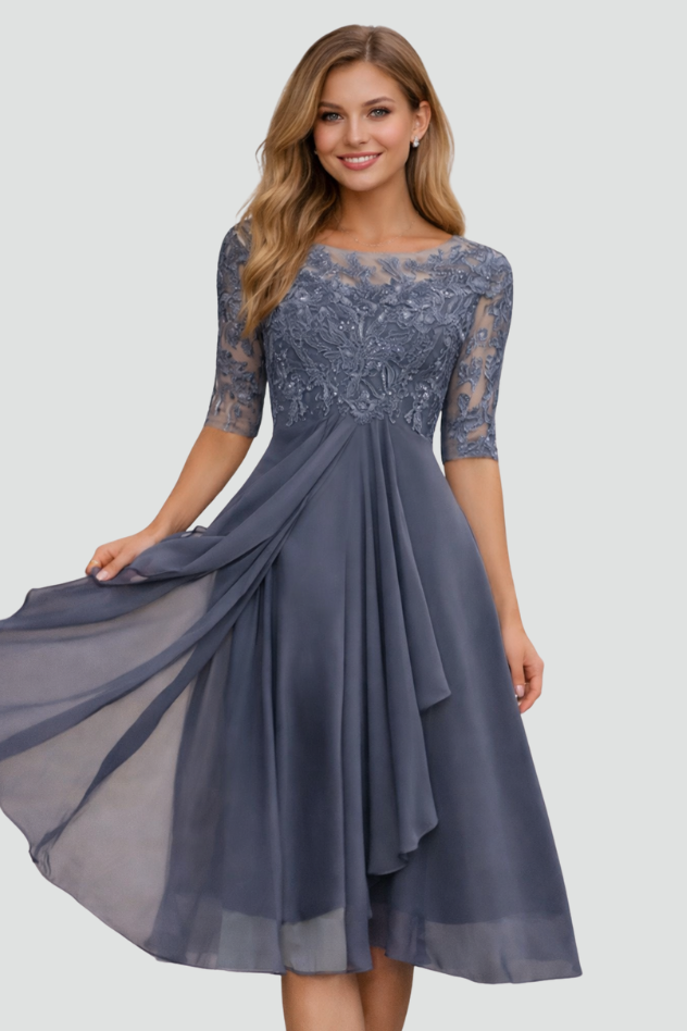 Classic women's formal midi dress with elegant three-quarter sleeves, suitable for evening wear & special occasions.