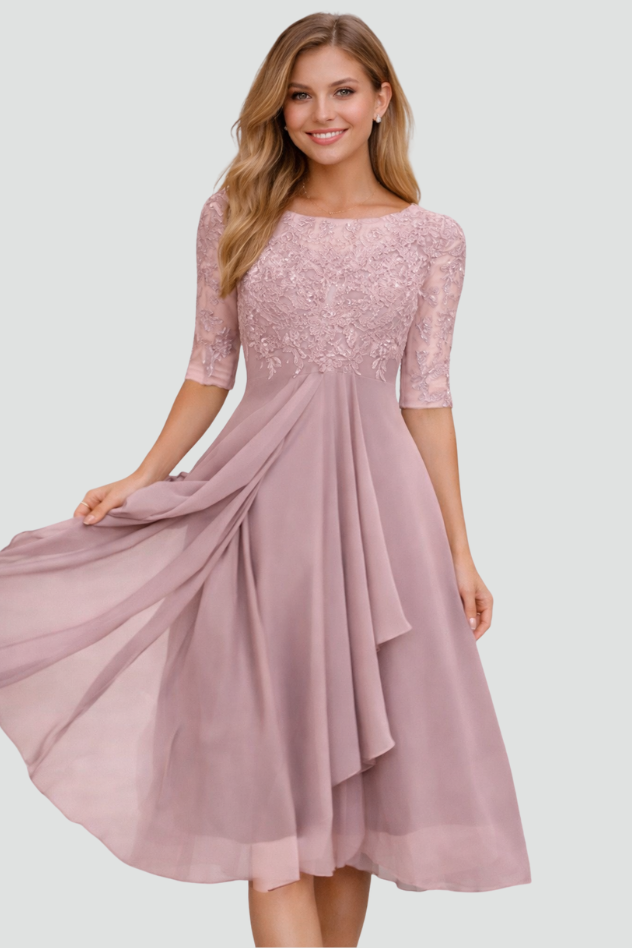 Beautiful women's elegant midi dress with three-quarter sleeves, ideal for evening, formal, or party occasions.