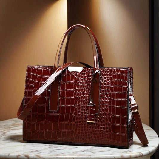 Elegant women's faux leather crocodile-pattern shoulder handbag. Stylish fashion accessory for any outfit.
