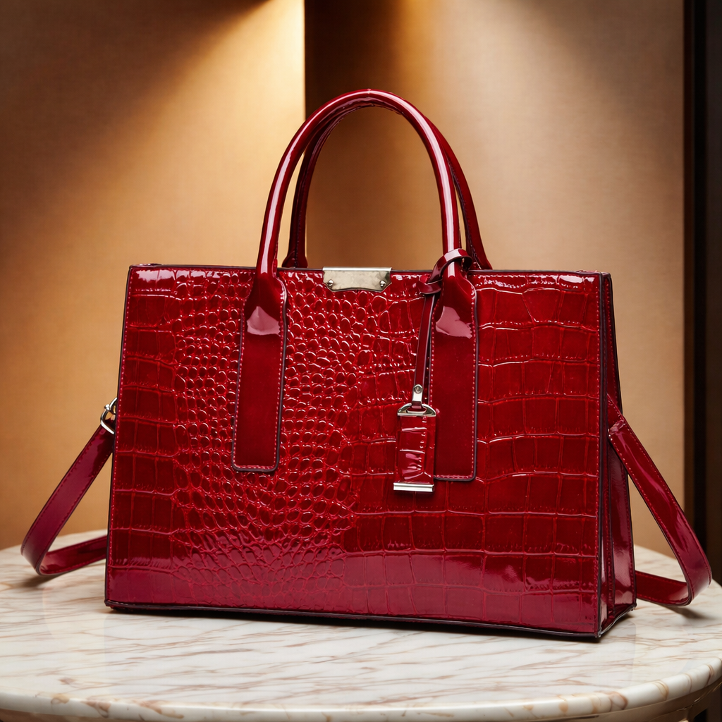 Lightweight women's crocodile-print faux leather shoulder bag with organized interior. Chic and practical.
