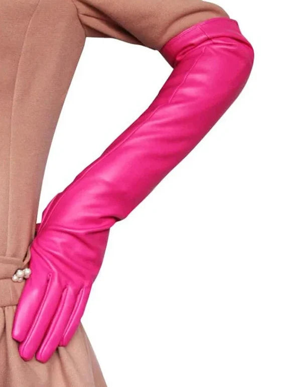Stylish vegan long gloves for women, perfect elbow length, adding a touch of elegance.