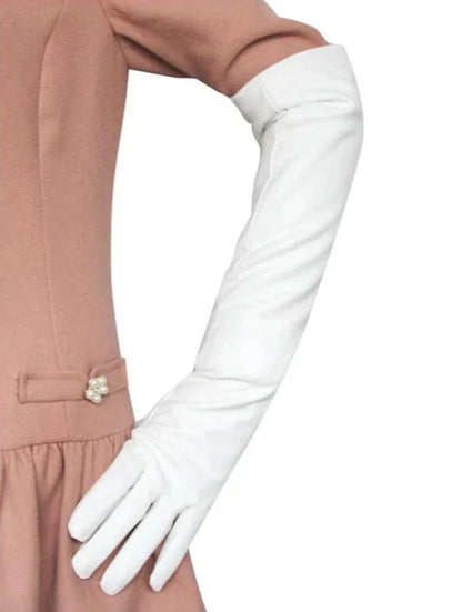 Elegant women's elbow-length faux leather gloves, ideal for formal wear & fashion.