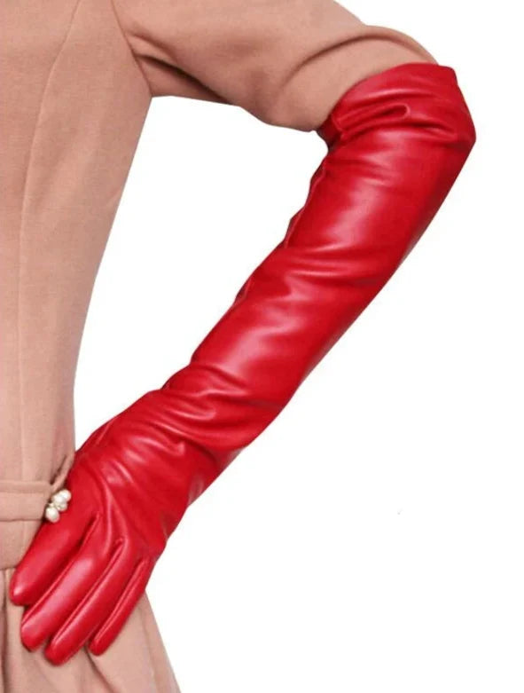 Sophisticated women's faux leather dress gloves, elbow length. Key fashion accessory.