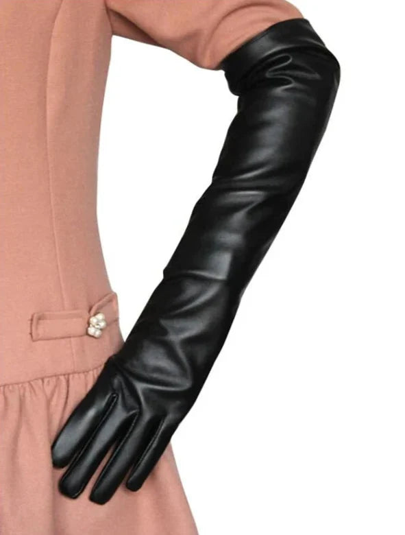 Women's long faux leather fashion gloves, elegant and vegan. Elbow length for style.