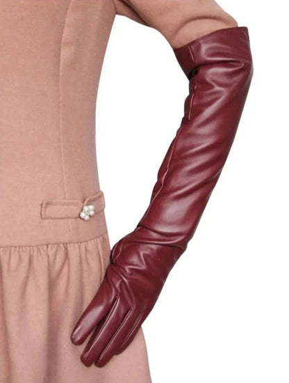 Formal elbow length faux leather gloves for women. Perfect elegant accessory in many colors.