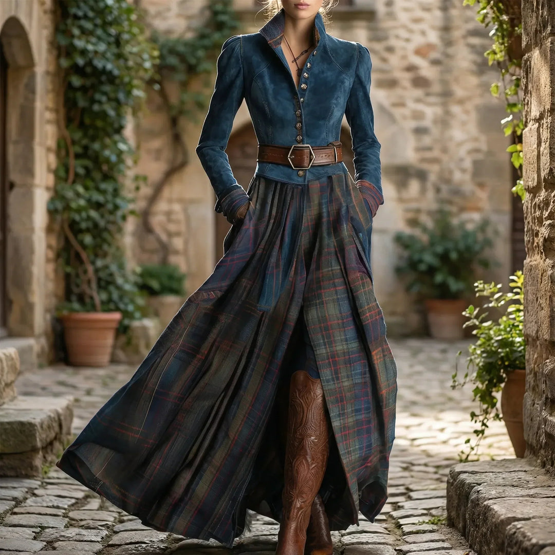 Elegant women's fitted dark blue maxi dress with stylish plaid skirt, perfect for fall and winter fashion.