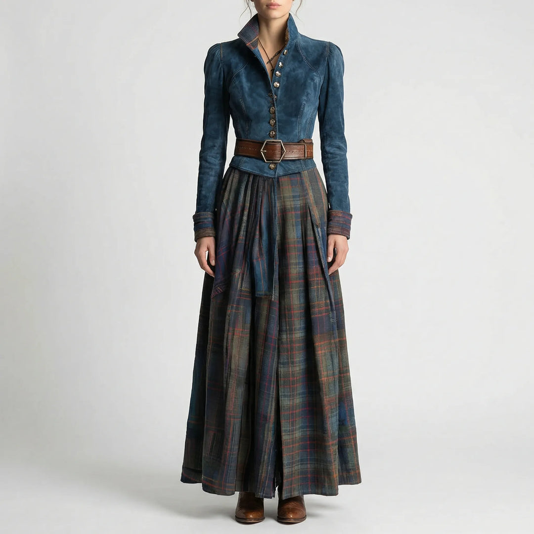 Bohemian vintage women's long sleeve maxi dress featuring a stand collar, button detail, & chic plaid skirt.