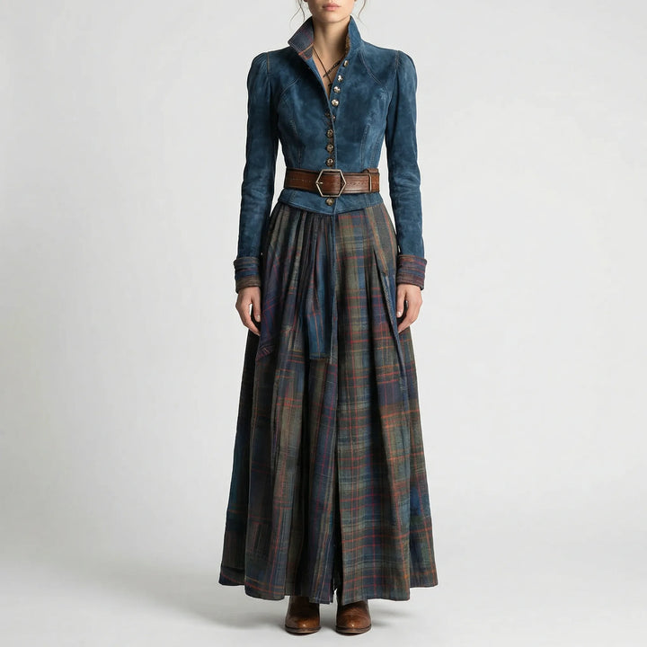 Bohemian vintage women's long sleeve maxi dress featuring a stand collar, button detail, & chic plaid skirt.