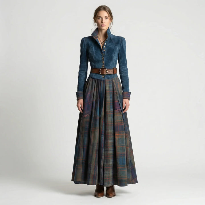 Dark blue fitted women's long sleeve maxi dress with a distinctive plaid skirt, ideal for elegant wear.