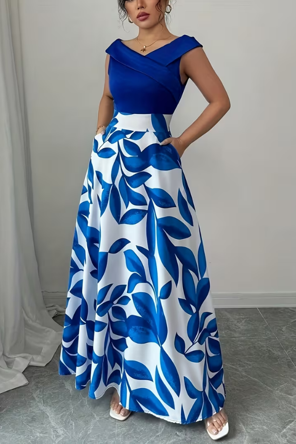 Elegant women's floral A-line maxi dress with V-neck and practical pockets, perfect for summer fashion.