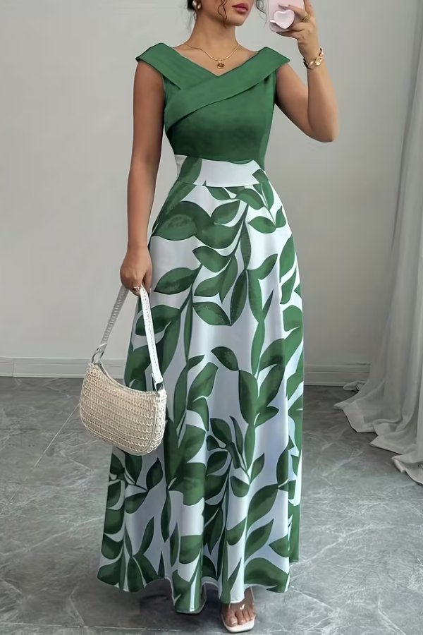 Stylish women's floral A-line maxi dress with V-neck and pockets, ideal for elegant casual summer wear.