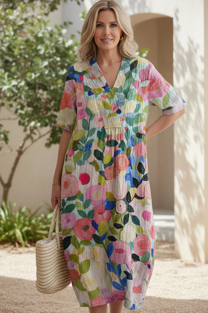 Elegant Women's Floral Bloom V-Neck Maxi Summer Dress with short sleeves, perfect for vacation or casual wear.