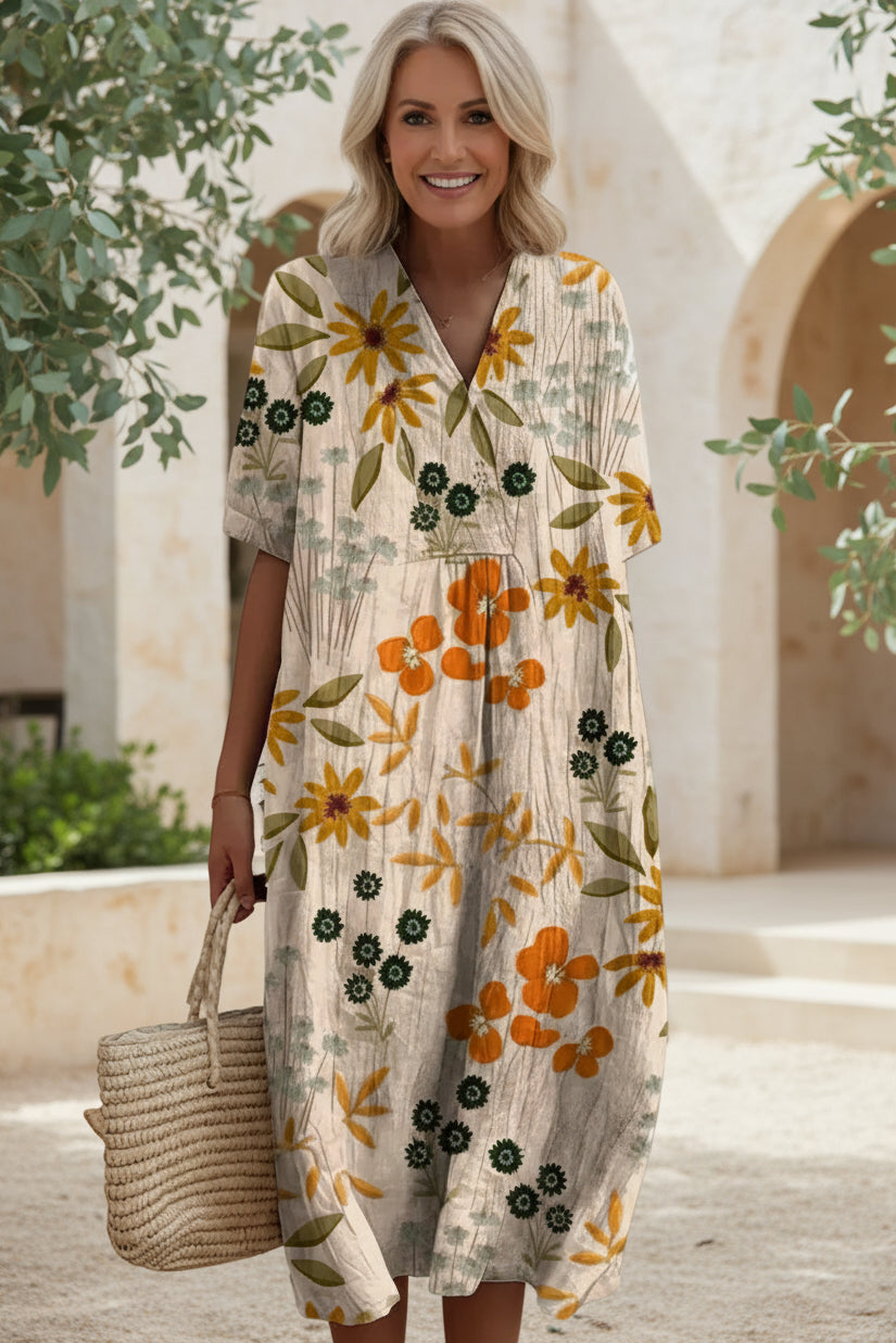 Stylish Women's Floral V-Neck Maxi Dress. Short-sleeve, elegant design, ideal for summer fashion and comfort.
