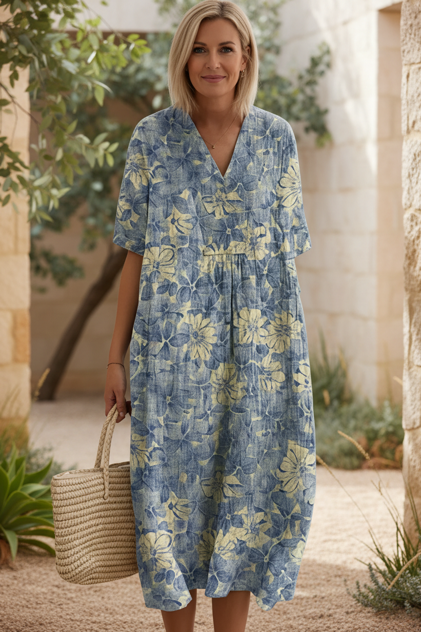 Flowy Women's Floral Bloom Summer Maxi Dress. Elegant V-neck, short sleeves, comfortable and stylish for any occasion.