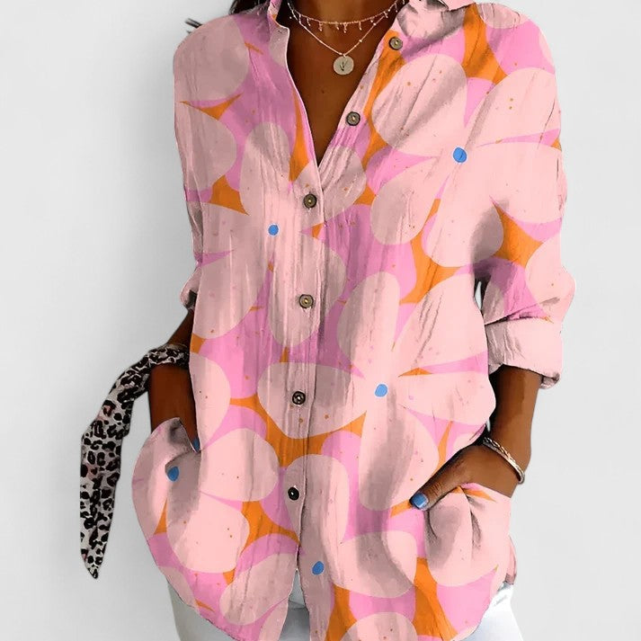Stylish women's floral blouse, a comfortable and elegant shirt for office, casual, or summer fashion.