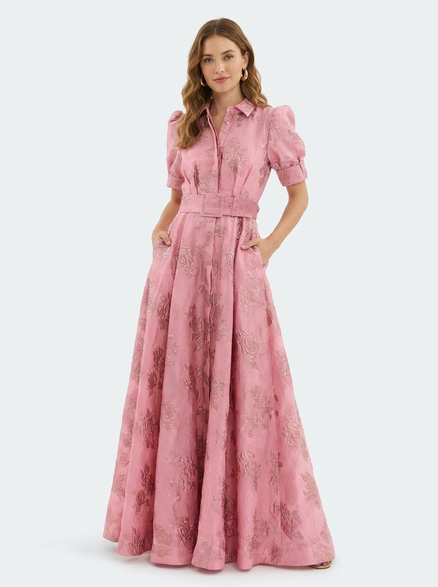 Elegant women's floral collared maxi dress with puff sleeves & belt, perfect for a wedding guest or formal occasion.