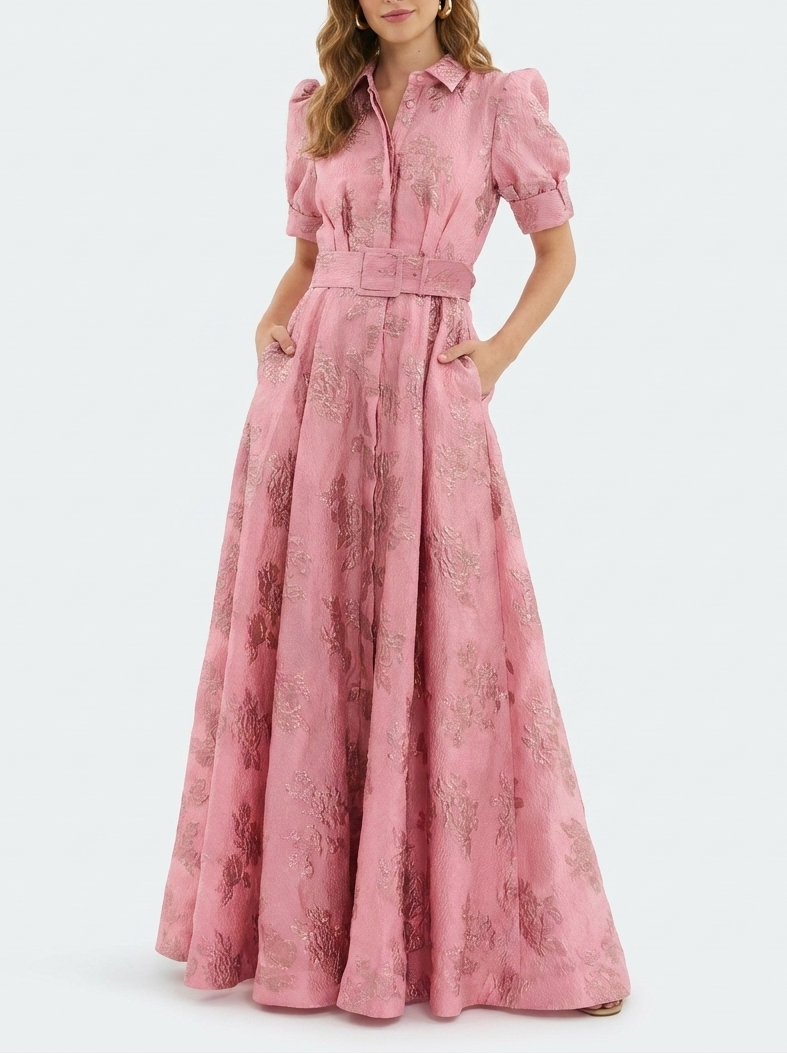 Chic floral A-line maxi dress for women, with a collar & puff sleeves, ideal as a wedding guest or special occasion dress.