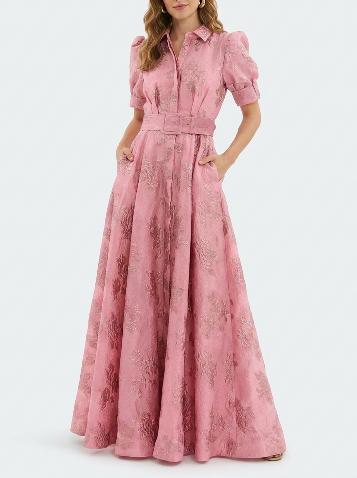 Chic floral A-line maxi dress for women, with a collar & puff sleeves, ideal as a wedding guest or special occasion dress.