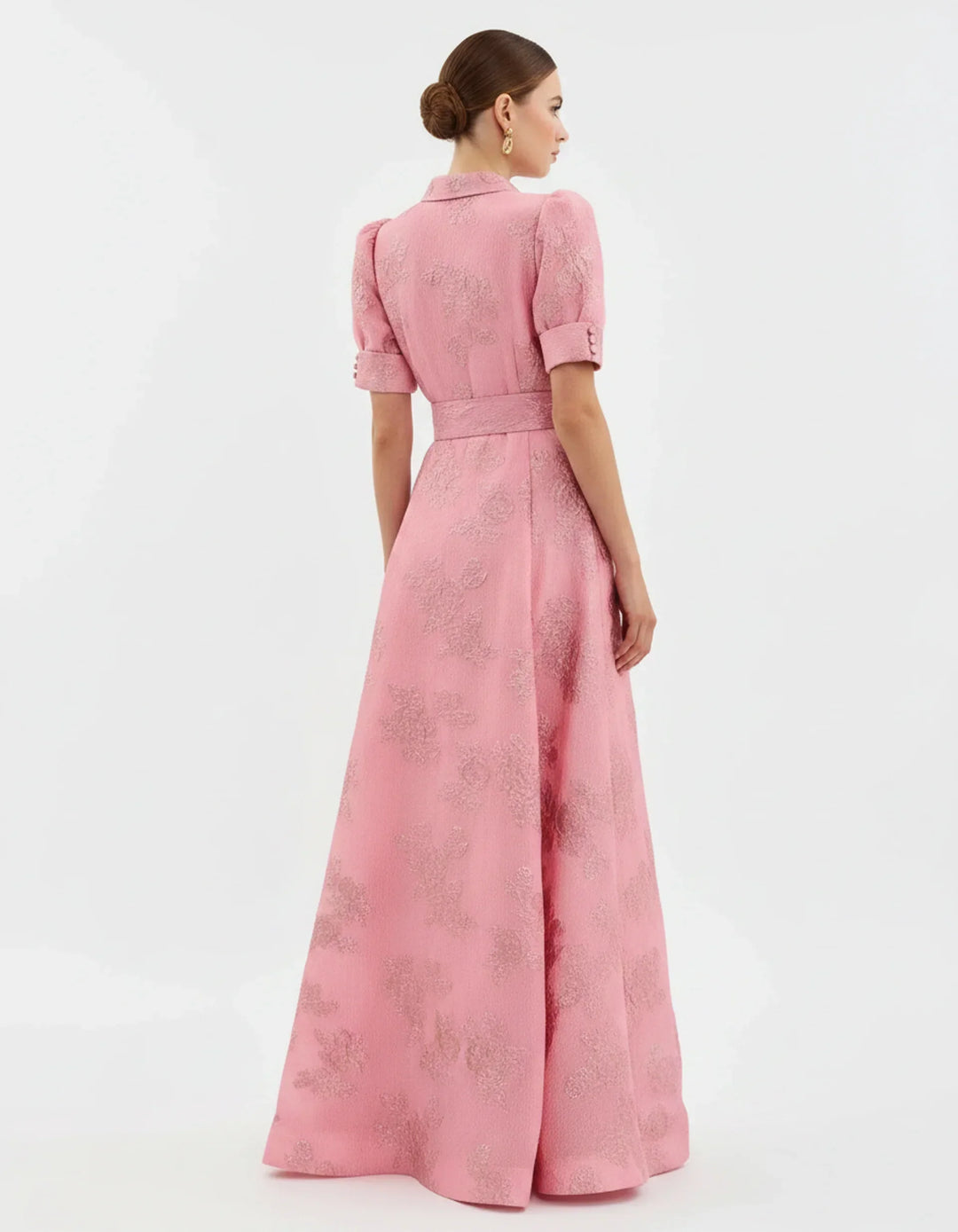 Women's elegant floral collared maxi dress featuring puff sleeves & a belted waist, suitable for formal events.