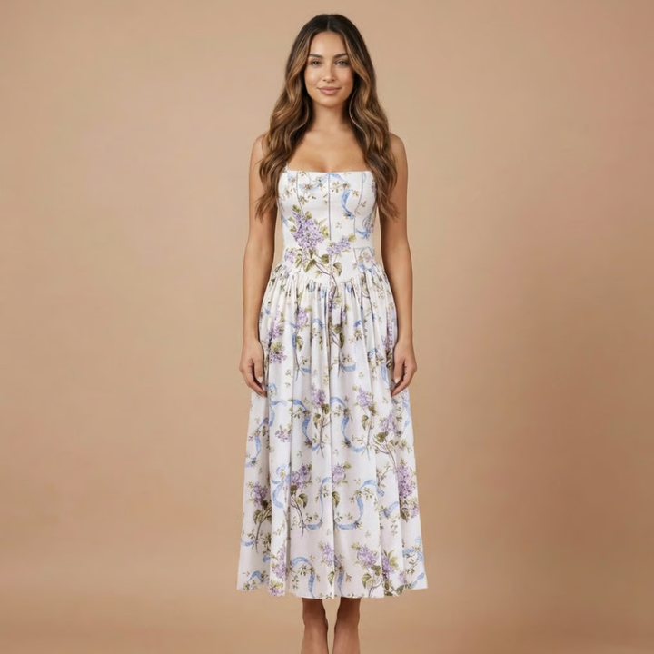 Elegant women's floral corset midi dress, perfect wedding guest attire for summer garden parties.