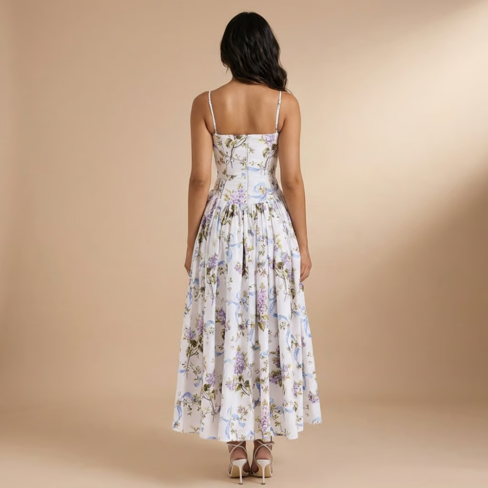 Sleeveless floral corset midi dress with straight neck. Stylish women's occasion dress for guests.