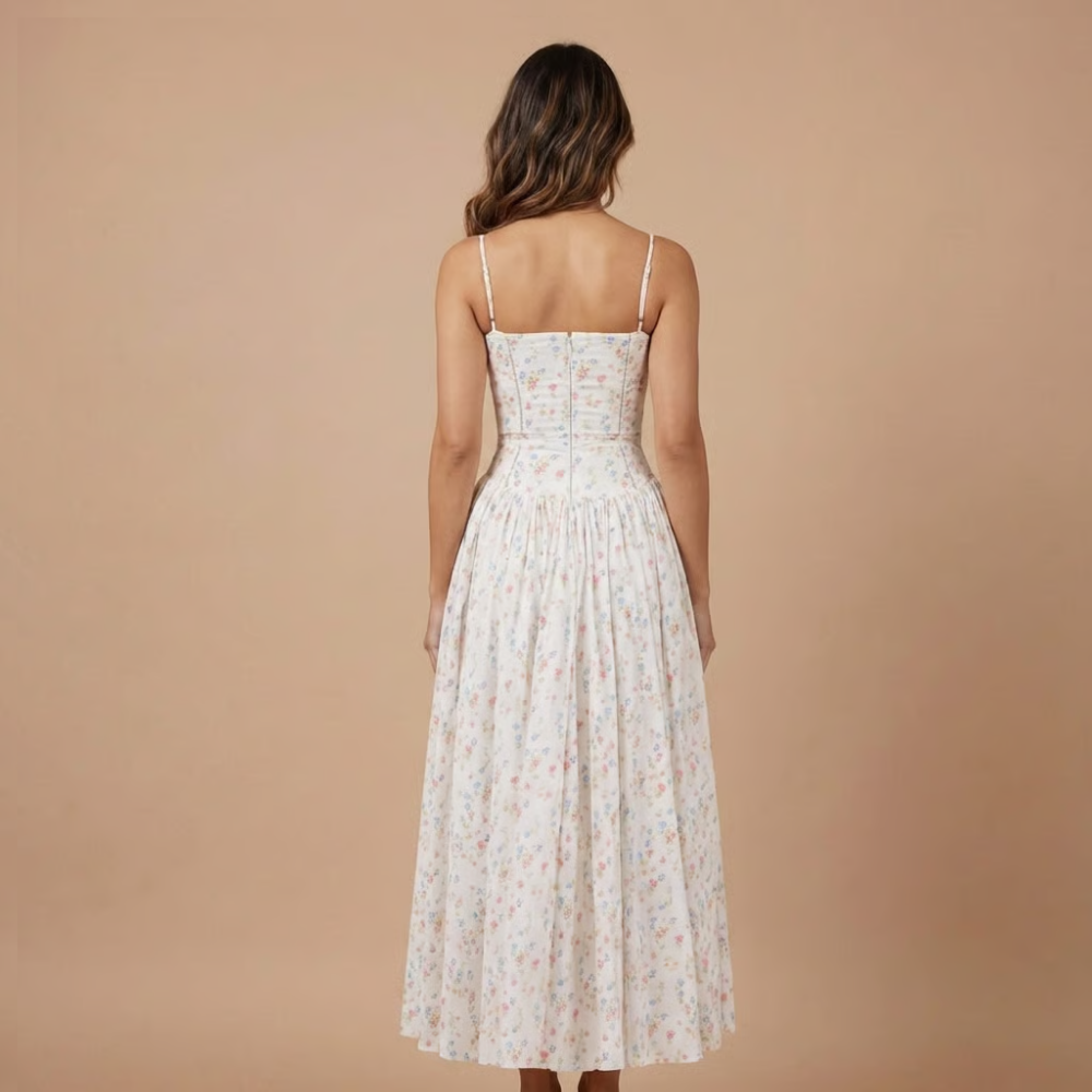 Chic floral midi dress for women, featuring a corset design. Great for elegant wedding guest attire.