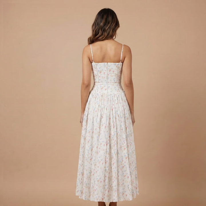 Chic floral midi dress for women, featuring a corset design. Great for elegant wedding guest attire.