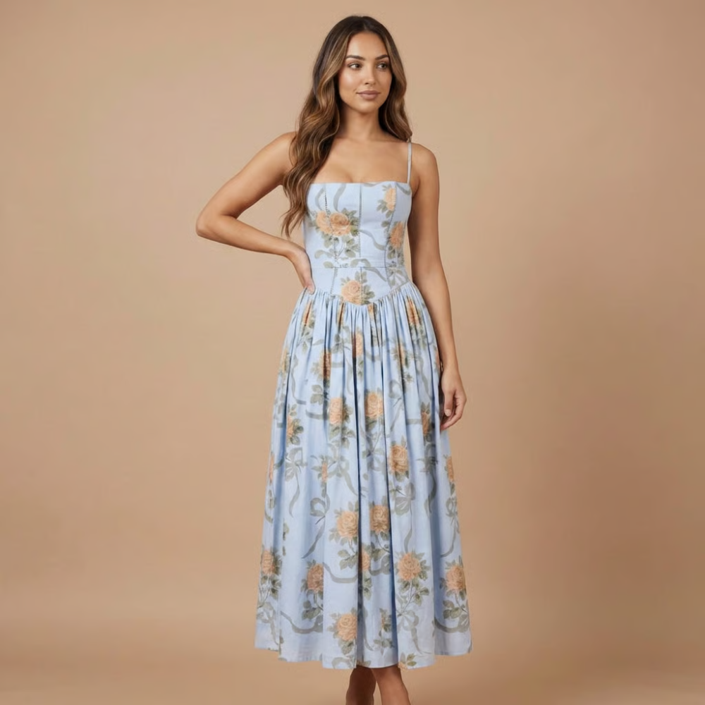 Beautiful women's floral corset midi dress, designed for wedding guests and summer garden parties.
