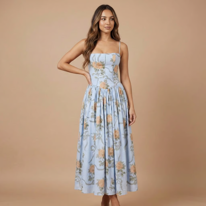 Beautiful women's floral corset midi dress, designed for wedding guests and summer garden parties.