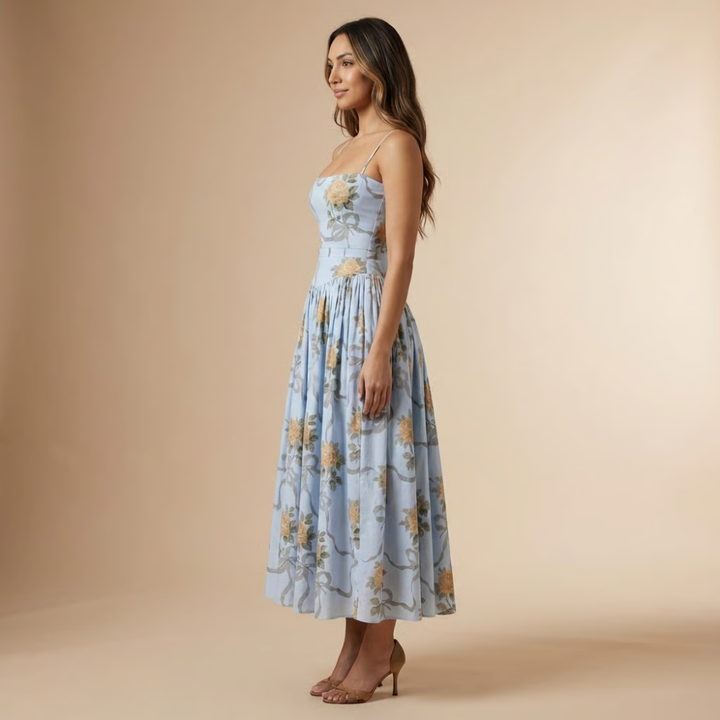 Elegant women's sleeveless floral midi dress with a corset top, perfect for a wedding guest occasion.