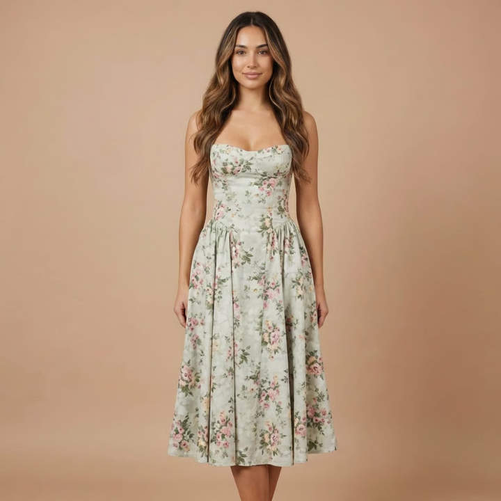 Stylish women's floral midi dress with corset detailing. Ideal elegant attire for summer wedding guests.