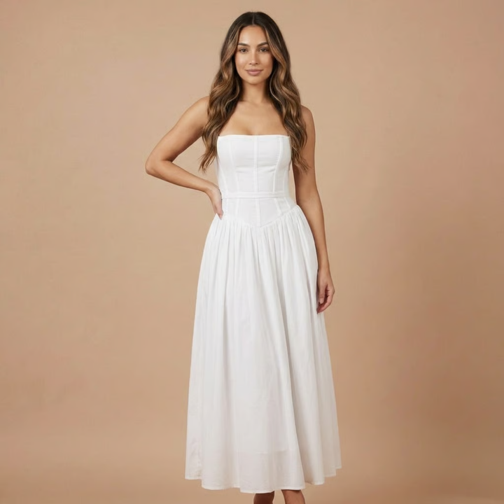 Floral pattern corset midi dress for women. Elegant straight neck design, perfect for wedding guests.