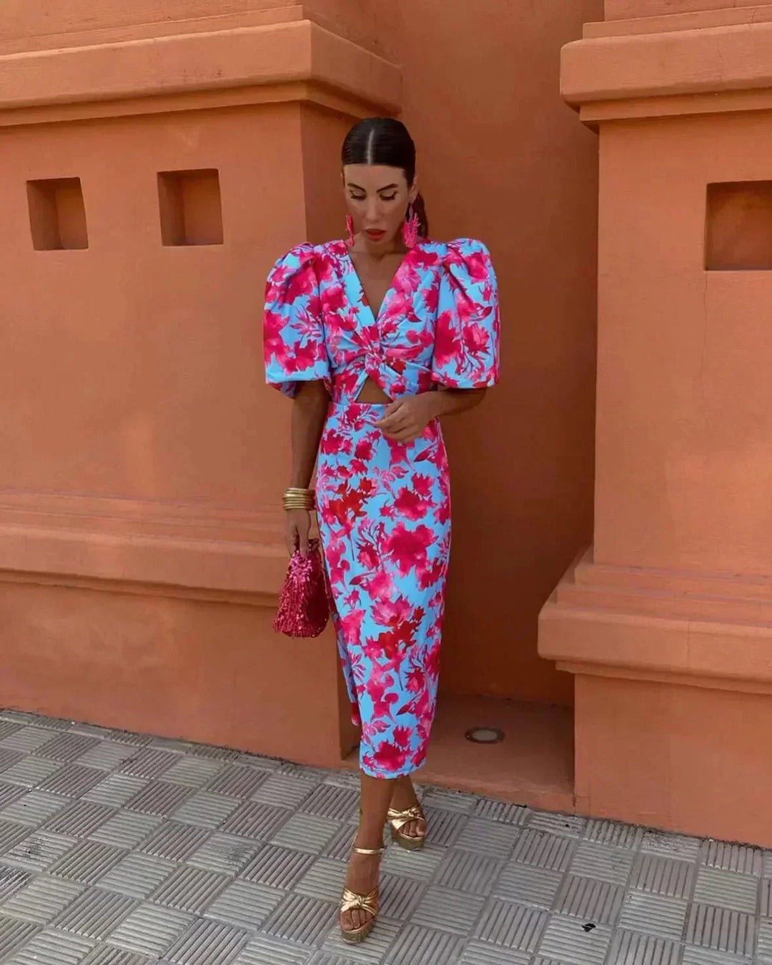 Elegant women's floral cutout midi wedding guest dress with puff sleeves, perfect for summer occasions.