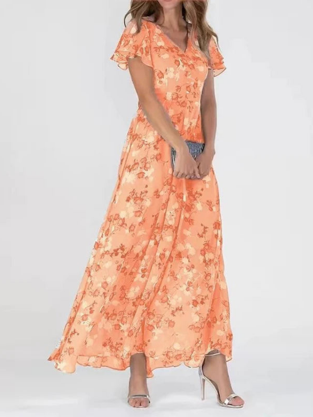 Elegant women's floral flutter sleeve V-neck maxi dress, perfect for summer occasions & parties.